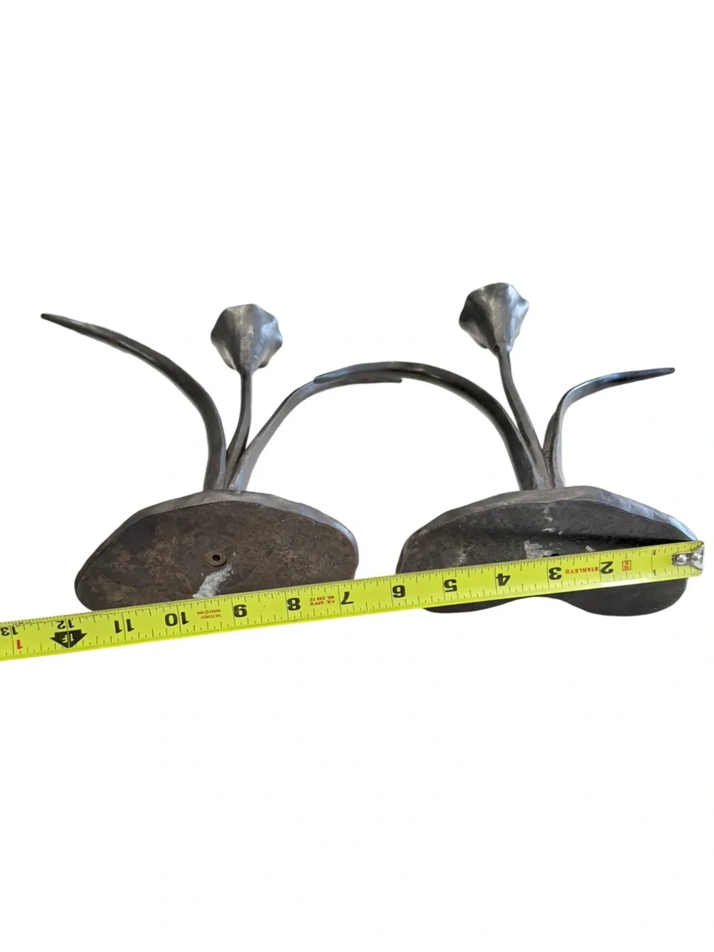 Vintage Hand Forged Iron Calla Lily Candlesticks Pair Brutalist Sculptural